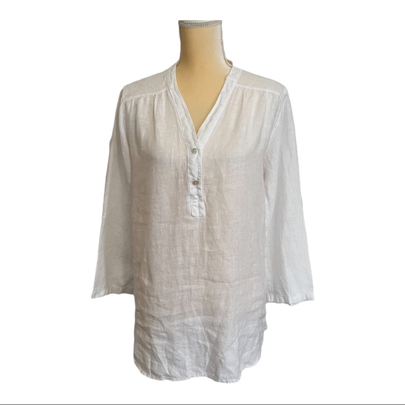 Rosemarine Tops Rosemarine Italy White Linen Long Sleeve Tunic Top